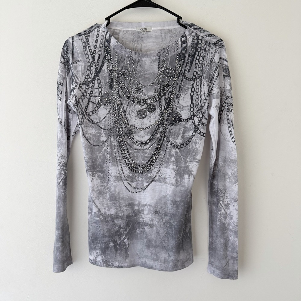 Y2K Cache Rhinestone Chain Print Top XS Gray Tattoo Grunge Mesh Look Rhinestone